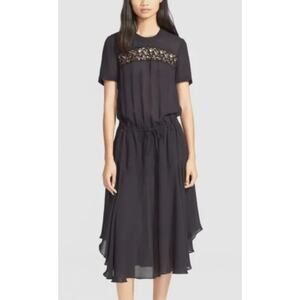 A.L.C. ALC Silk Drawstring Waist Midi Dress in Navy & Black Lace Size 12